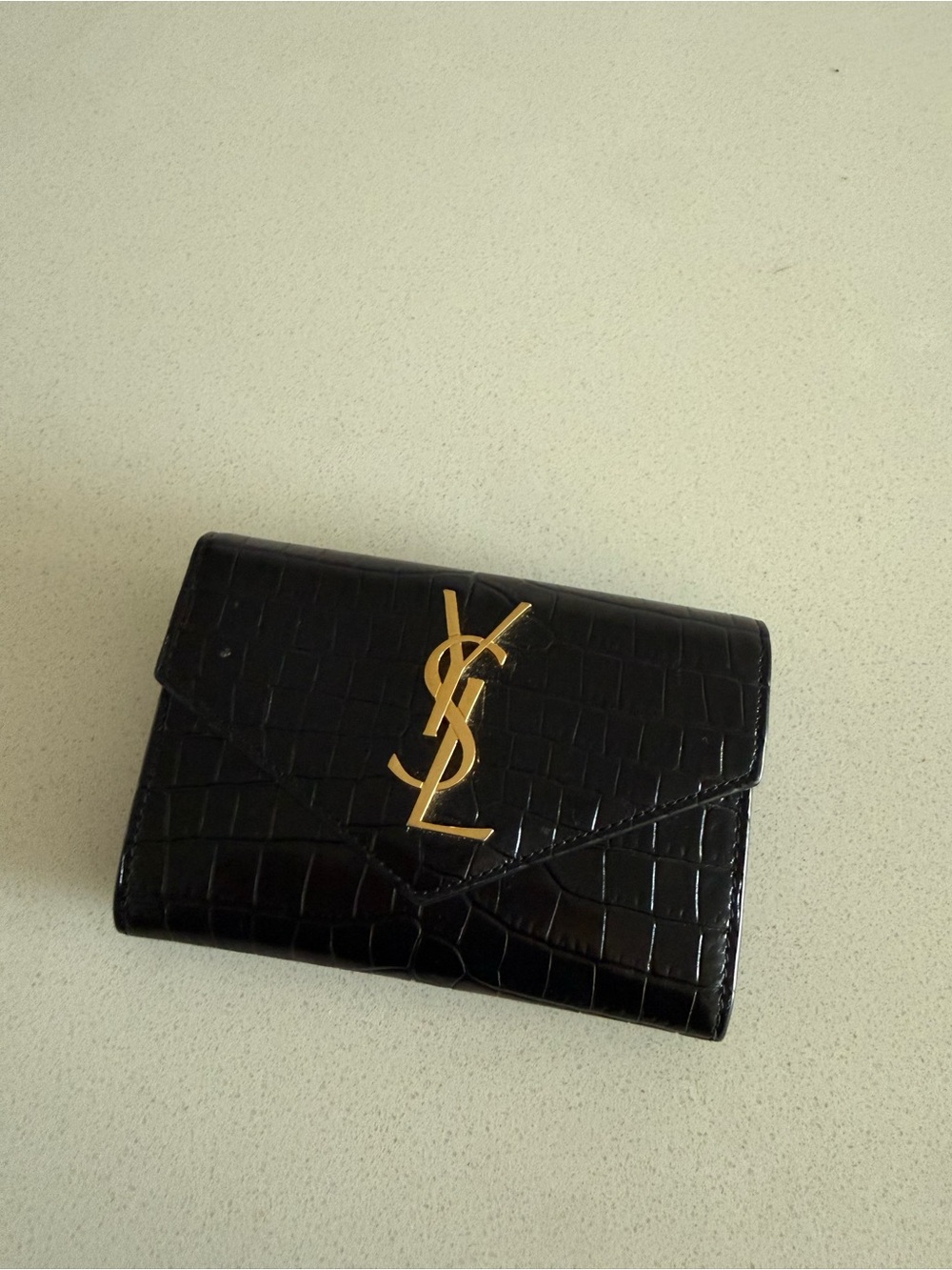 Saint Laurent Black Croc-Embossed Wallet Card Holder with Gold YSL Emblem